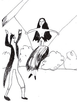 Acrobatic gymnasts performing in a circus. Hand drawn by pen and black ink sketch
