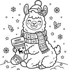 Fototapeta premium Happy cartoon llama wearing a sweater, holding a christmas stocking with 