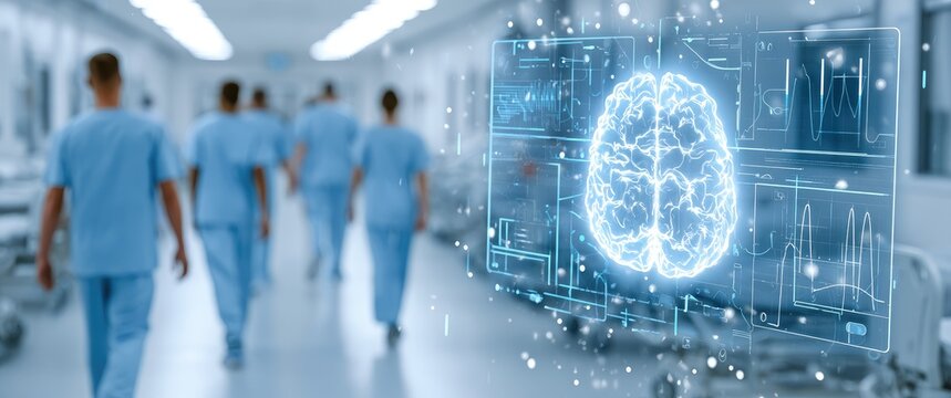 Digital brain interface over blurred medical personnel in hospital corridor