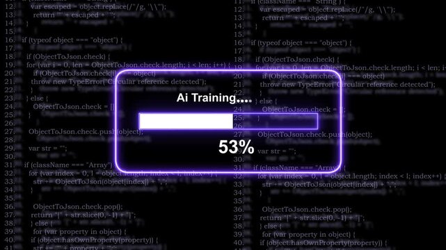 Dynamic ai training progress bar animation with glowing neon ui overlaying complex javascript programming code background, for advanced machine, learning, software development, and tech data concepts