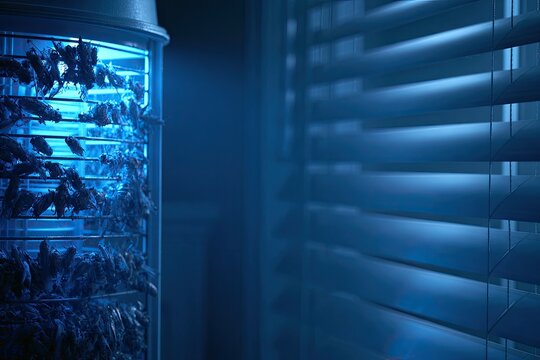 Indoor bug zapper with dead insects illuminated by blue UV light