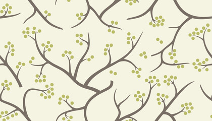 Fototapeta premium Abstract tree branches seamless pattern with green berries
