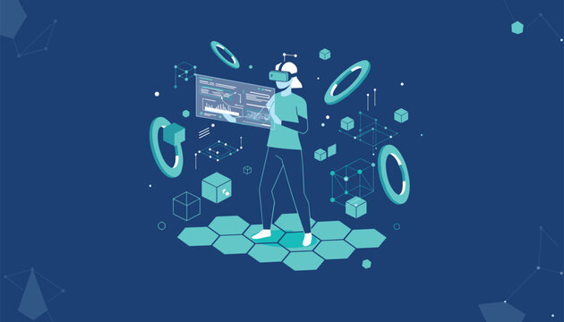 Woman wearing VR headset analyzing data charts in cyberspace