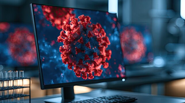Computer screen displays a detailed, glowing red virus model in a lab