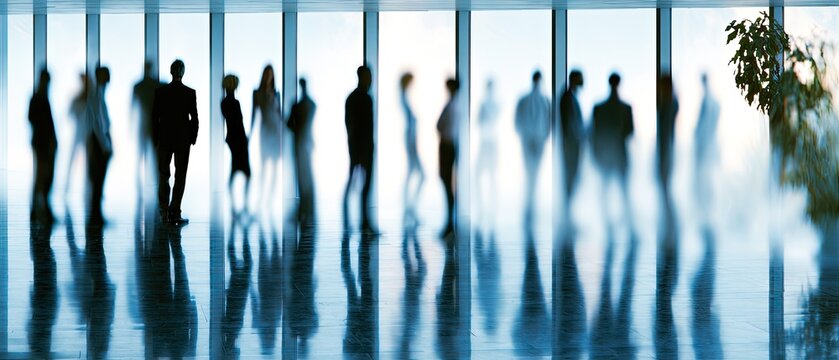 Silhouetted figures stand in a bright, modern office lobby with floor-to-ceiling windows