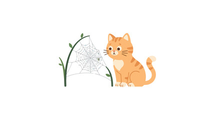 Fototapeta premium Curious ginger cat looking at spider web on plant stem in forest vector illustration design