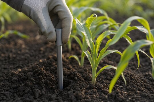Hand in grey glove inserting soil sensor into ground near young green corn plant. Precision agriculture technology and smart farming concept for crop monitoring