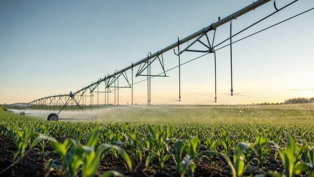 Agricultural irrigation system watering a thriving cornfield at sunrise with vibrant young crops in the foreground