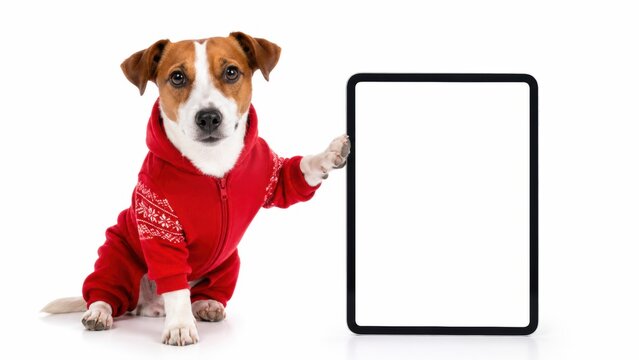 Cute Jack Russell terrier in a red winter onesie holding a large blank tablet on a white background, ideal for Christmas advertising, pet promotions, holiday banners or mockup design