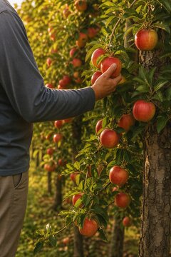 Man picking ripe red apple from tree branch in orchard. Farmer harvesting fresh organic fruit. Autumn harvest season and agriculture concept. portrait format