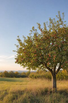 Ripe red apples hanging on a tree branch in an orchard. Golden sunset lighting over a grassy field. Autumn harvest and organic farming concept. portrait format
