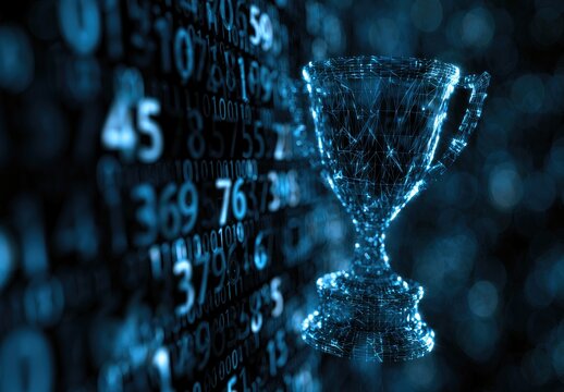 Glowing digital trophy on a backdrop of abstract blue binary code