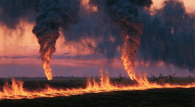 Blazing fire whirls rise from a field with an orange and purple sky