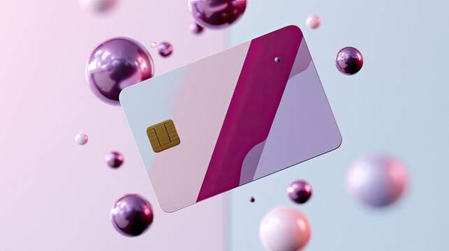 Floating credit card surrounded by reflective spheres on a gradient background