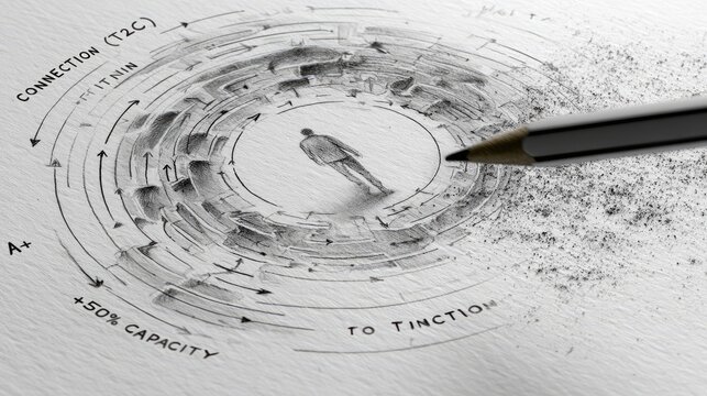 A person within a circular, evolving diagram being erased by a pencil