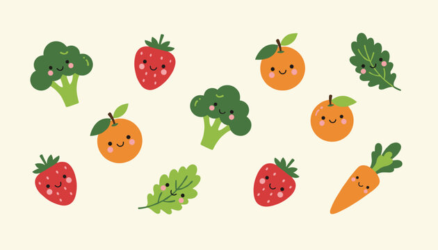 Cute cartoon vegetables and fruits with smiling faces