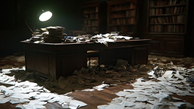 Cluttered study desk overflowing with papers, illuminated by a desk lamp