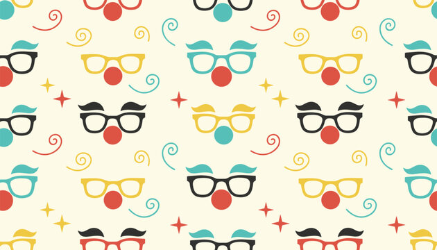 Seamless pattern of colorful funny face disguises with glasses and