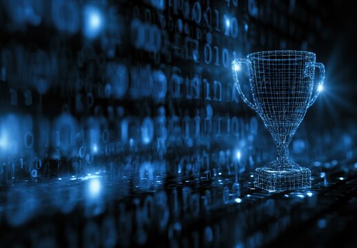 Glowing digital trophy against a background of flowing binary code