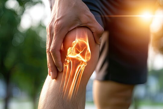 Person holding knee with glowing bone structure overlay
