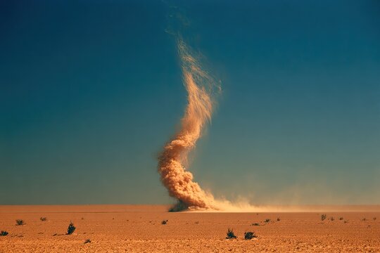 A towering dust devil swirls across a barren, sun-baked desert landscape under a clear blue sky