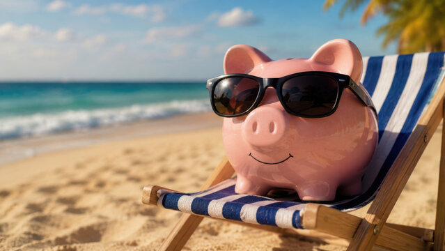 Piggy bank with sunglasses lounging on a beach chair, representing money saved for summer vacation, travel, and leisure