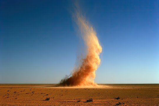 A towering dust devil swirls across a desolate, sun-baked desert plain under a clear blue sky