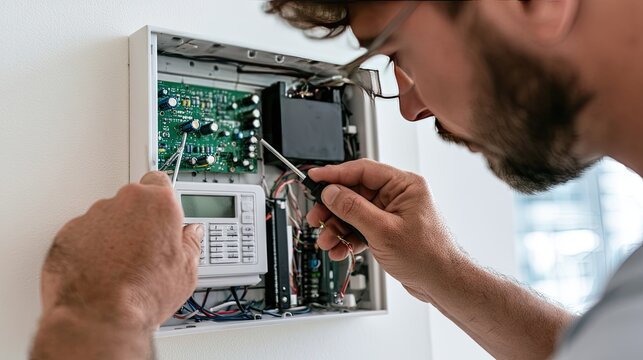 Man with screwdriver works on open electronic security panel