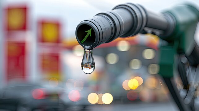 Fuel nozzle with drop reflecting rising price arrow, blurry station