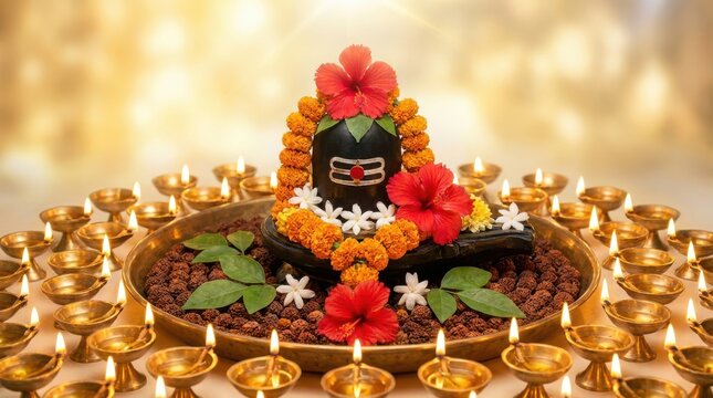 Shiva Lingam decorated with flowers. Hindu deity symbol for Maha Shivaratri festival.