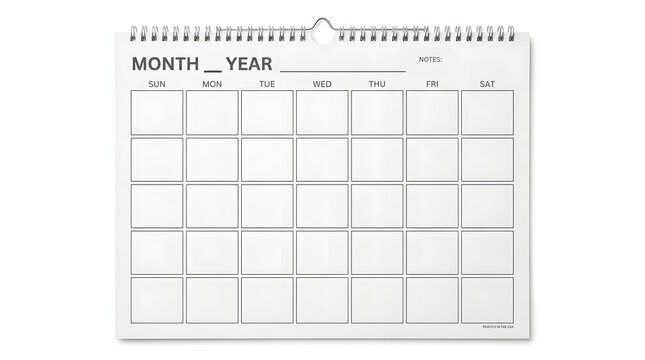Blank wall calendar template. Empty monthly planner page for business scheduling.