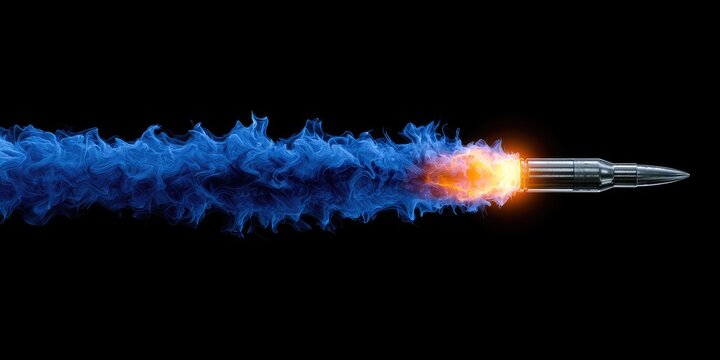 A metallic bullet streaks across a black background, trailing blue and orange flames