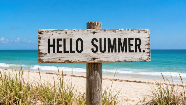 A wooden sign with the text hello summer on a sandy beach with ocean waves and tall grass