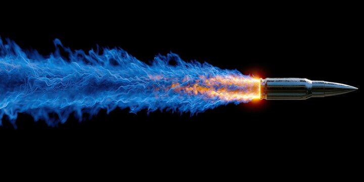 A speeding bullet trails intense blue and orange fire against a black background