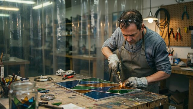 Man working in stained glass workshop with tools and colorful glass panels