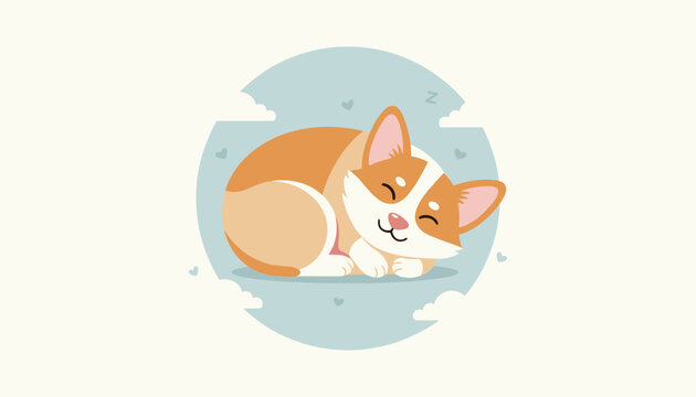 Cute corgi dog sleeping peacefully in round frame on cream background