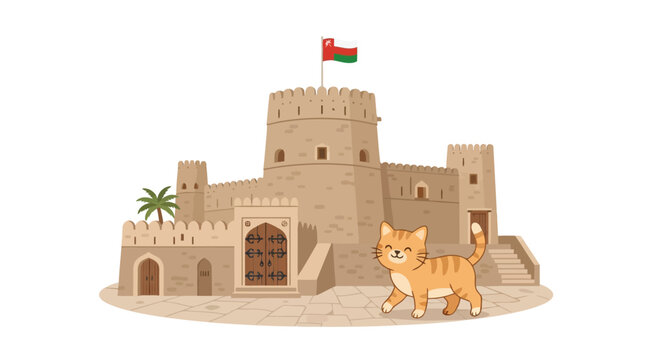 Friendly ginger cat standing in front of traditional Omani fort with national flag vector graphic