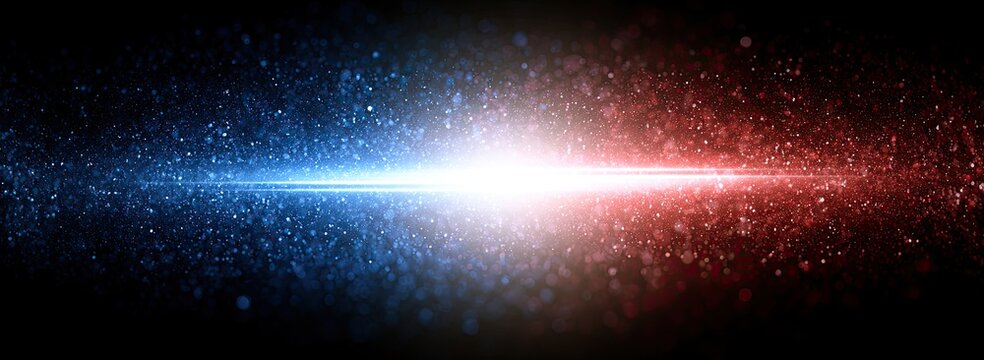 Bright light beam separates blue and red particulate matter against dark background