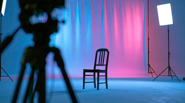 Empty chair in colorful studio with camera