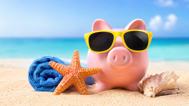 A piggy bank with sunglasses on the beach for summer bank holiday