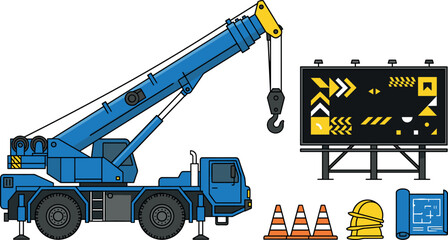 Crane Truck Loading Concept Illustration with Blue Hydraulic Boom, Hooks, Cones, Helmet and Blueprint Screen © Kamu