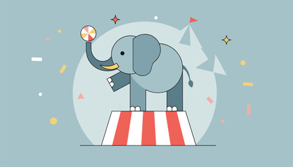Naklejka premium Cute cartoon circus elephant performing on a stand with a ball
