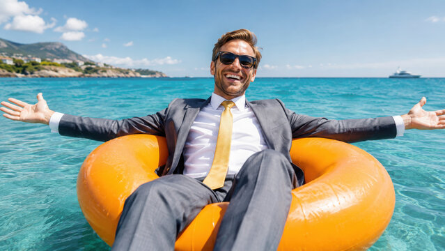 A happy man with outstretched arms on an inflatable circle in the sea. An unforgettable summer vacation with adventures.