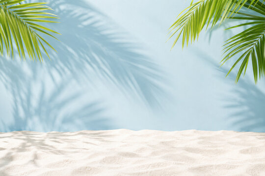 Summer concept. Palm tree shadow on a blue  background.