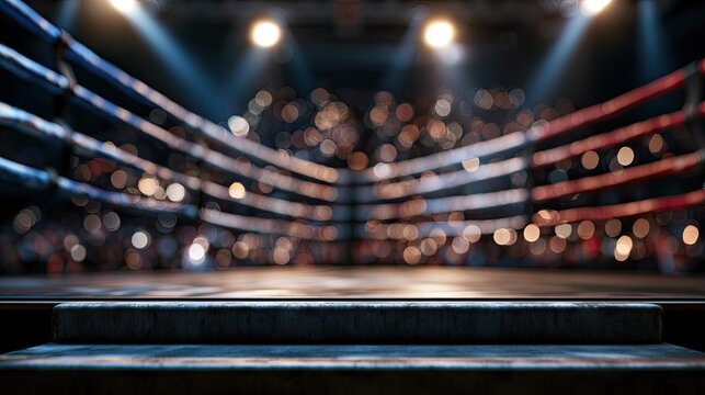 Empty boxing ring, blurred crowd, spotlights illuminate the stage