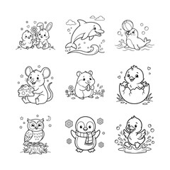 Fototapeta premium Adorable animal coloring pages for kids, cute kawaii line art for creative fun