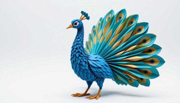 Origami Peacock Elegance: A beautifully crafted origami peacock, with vibrant blue and golden folded feathers, stands proudly, showcasing intricate artistry and vibrant color.