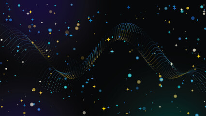 Sparkle Particle Wave Stars. Abstract dotted wave with glowing stars sparkles, blue gold cyan magic night design, festive technology particle, vector © VectorBank
