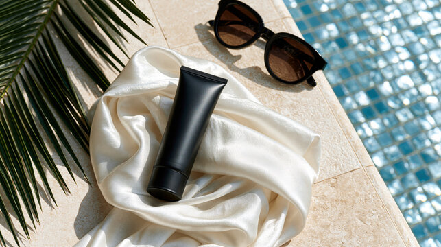 A clean geometric flat lay composition of a summer beauty routine. A straight-down view onto pale cream stone tiles beside a shimmering luxury pool grid. A textless matte black cos