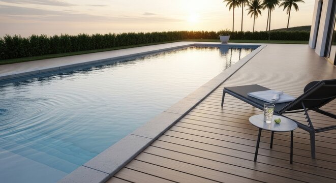 Infinity pool deck overlooking ocean at golden hour sunset.